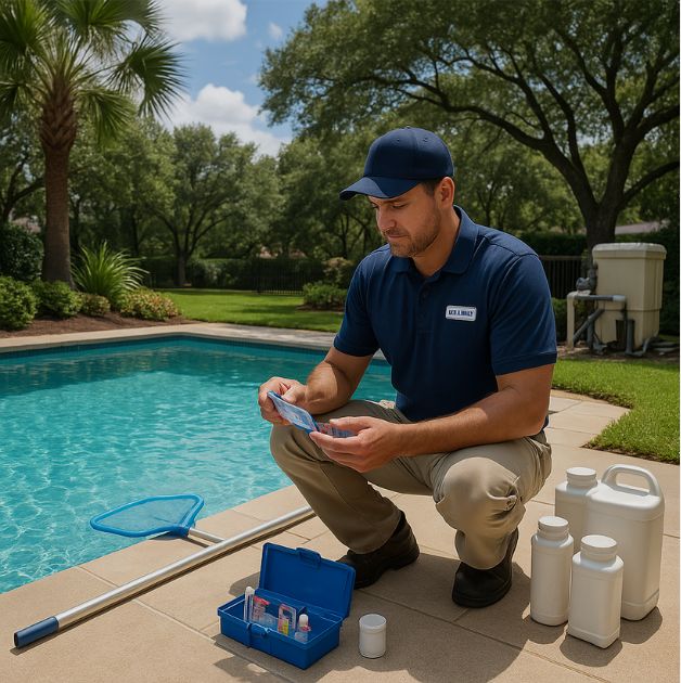 Professional pool maintenance technician testing water chemistry and cleaning residential swimming pool in The Woodlands Houston Texas