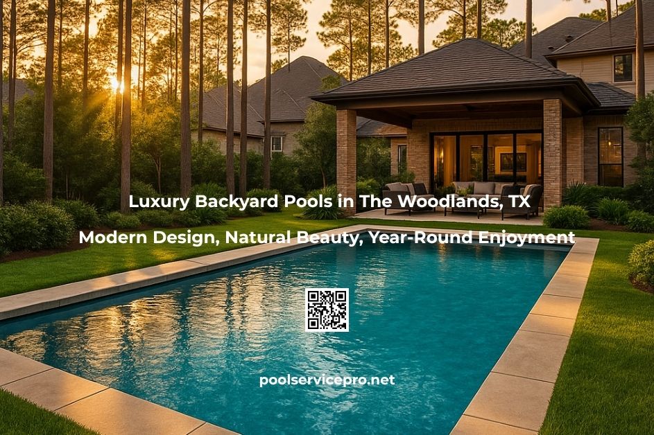 Luxury backyard pool in The Woodlands TX at sunset.